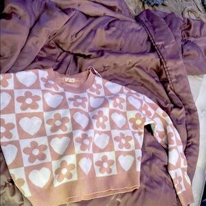 Pink and White Floral Heart Sweater